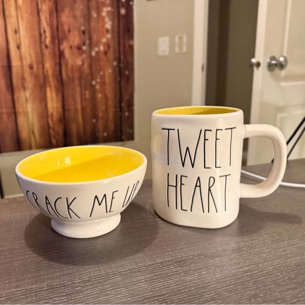 Rae Dunn Yellow and White 'Crack Me Up' Bowl and 'Tweet Heart' Mug